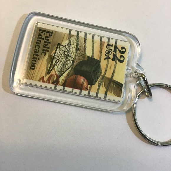 Public Education Keychain - Upcycled Recycled Postage Stamp Key Chain - Picture 3 of 9